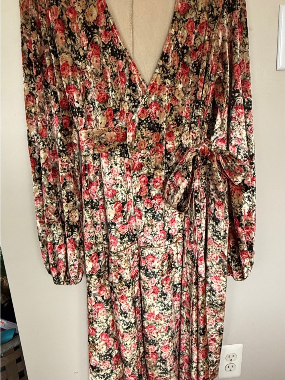 Rotate Birger Christensen Floral Velvet Wrap Dress in Red and Cream